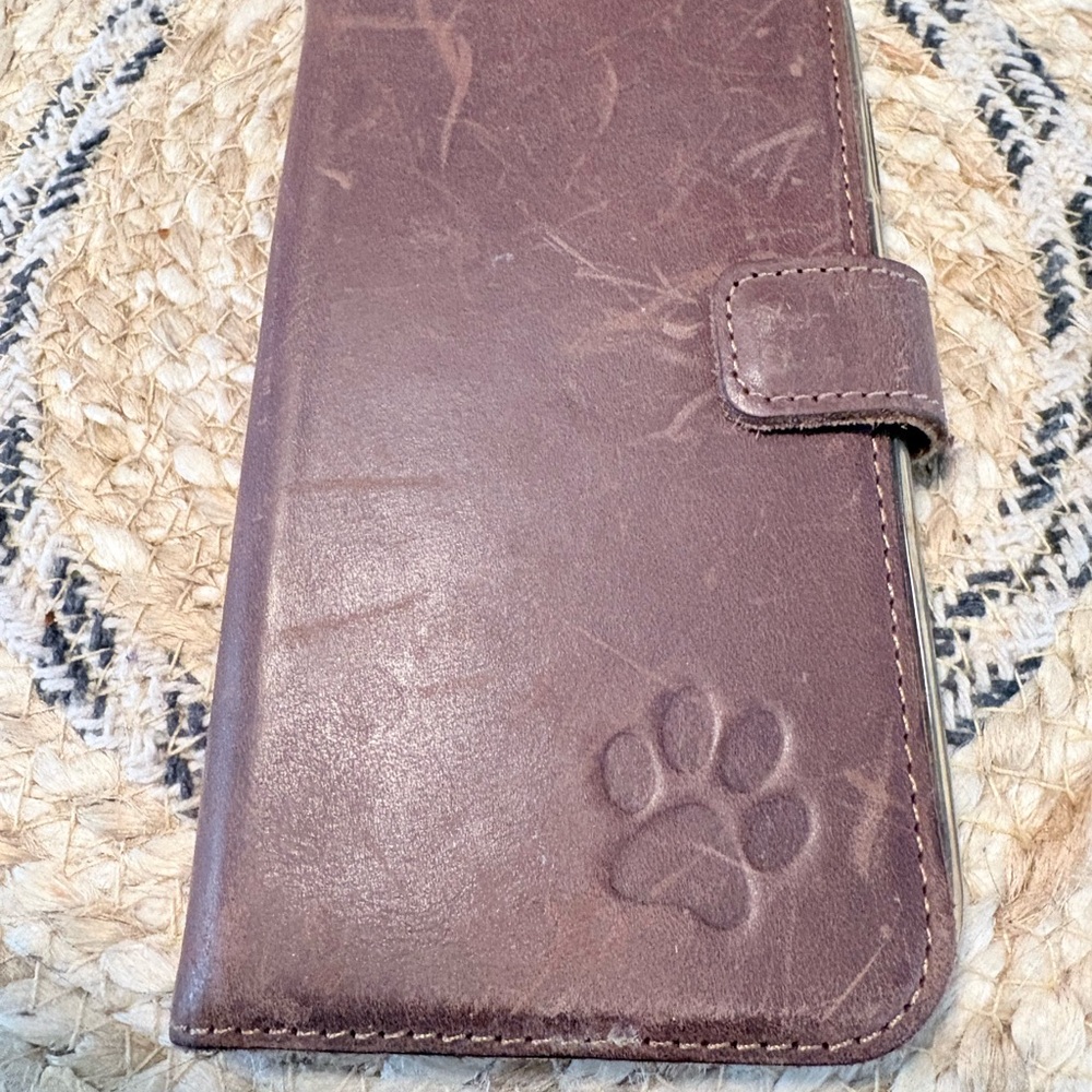 Brown Leather Phone Wallet with Paw Emboss